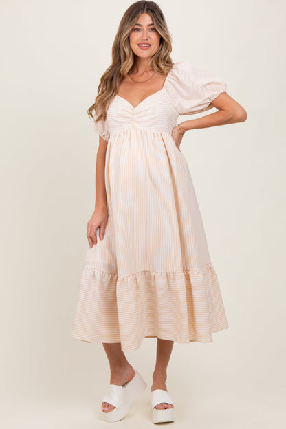 Beige Sweetheart Stripe Smocked Back Maternity Midi Dress
