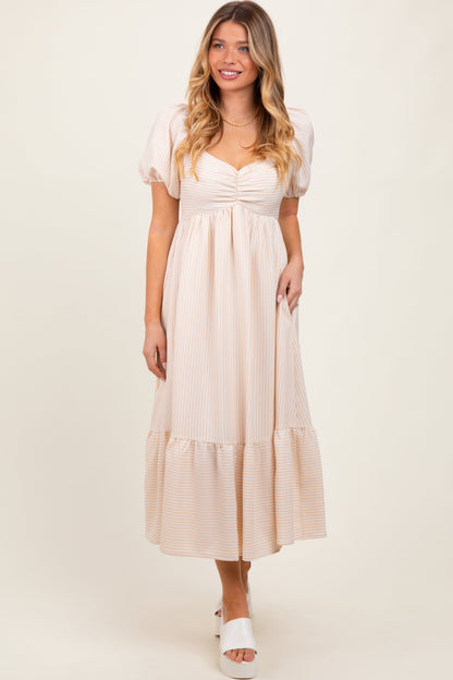 Beige Sweetheart Stripe Smocked Back Maternity Midi Dress