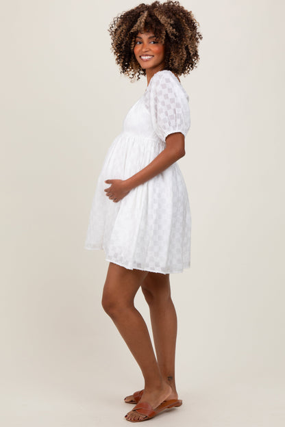 White Smocked Back Textured Babydoll Maternity Mini Dress