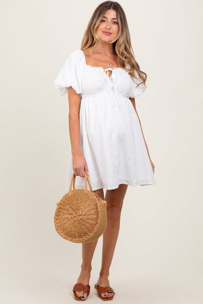White Textured Bubble Sleeve Maternity Mini Dress