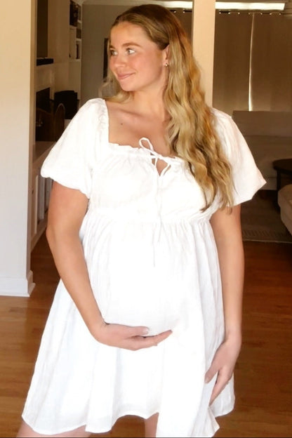 White Textured Bubble Sleeve Maternity Mini Dress