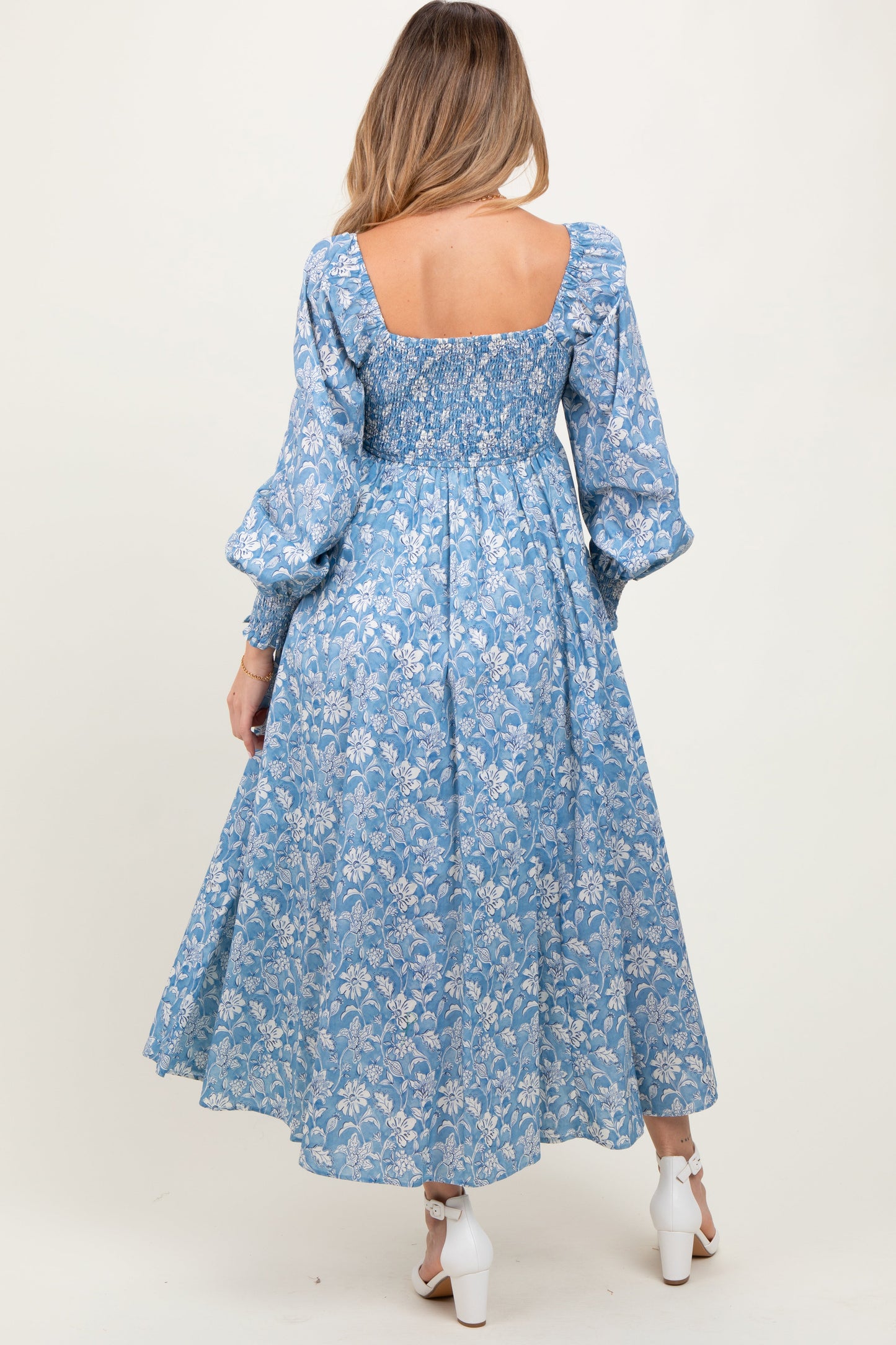 Light Blue Smocked Cotton Floral Maternity Maxi Dress