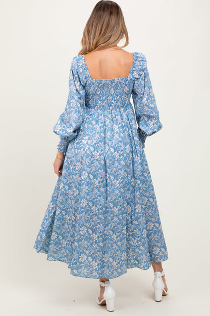 Light Blue Smocked Cotton Floral Maternity Maxi Dress