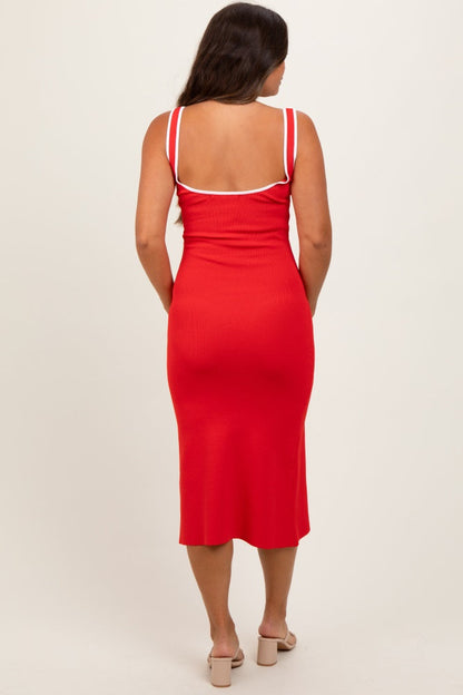 Red Knit Contrast Trim Square Neck Maternity Midi Dress