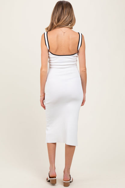 White Knit Contrast Trim Square Neck Maternity Midi Dress