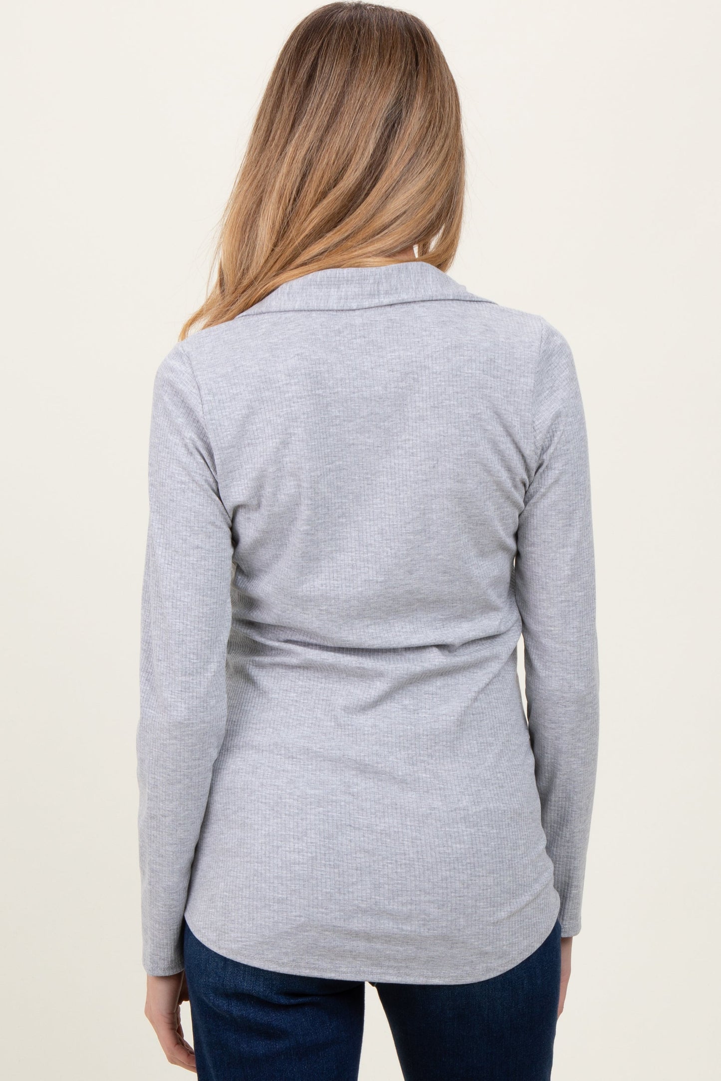 Heather Grey Ribbed Collared Maternity Long Sleeve Top