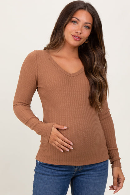 Camel Ribbed V-Neck Long Sleeve Maternity Top