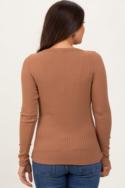 Camel Ribbed V-Neck Long Sleeve Maternity Top