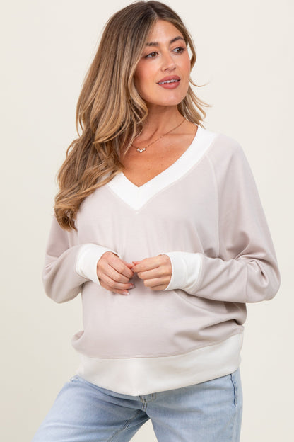 Beige Colorblock V-Neck Maternity Pullover Top