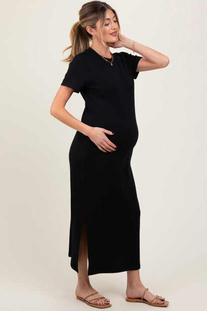 Black Basic Side Slit Short Sleeve Maternity Midi Dress