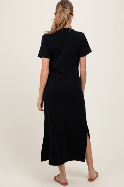 Black Basic Side Slit Short Sleeve Maternity Midi Dress