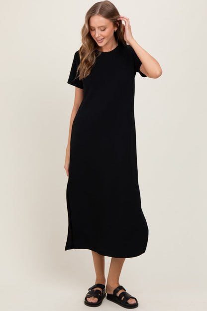 Black Basic Side Slit Short Sleeve Maternity Midi Dress