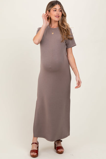 Taupe Basic Side Slit Short Sleeve Maternity Midi Dress