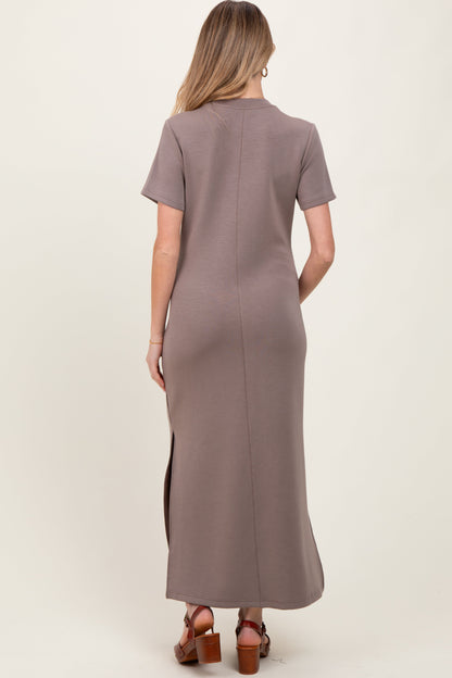 Taupe Basic Side Slit Short Sleeve Maternity Midi Dress