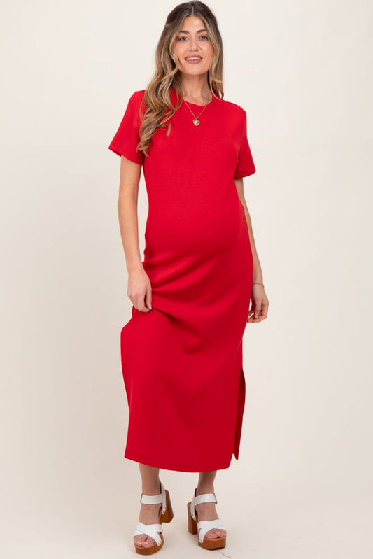 Red Basic Side Slit Short Sleeve Maternity Midi Dress
