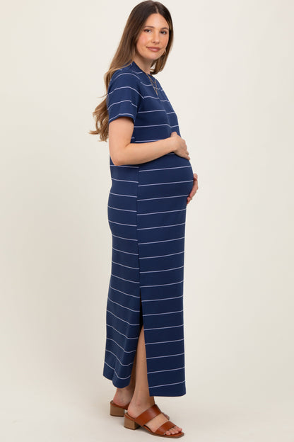 Navy Striped Short Sleeve Side Slit Maternity Midi Dress
