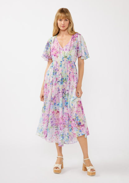 Light Pink Watercolor Floral Flutter Sleeve Maternity Midi Dress