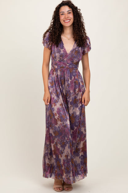 Violet Floral Metallic Flutter Sleeve Maternity Maxi Dress