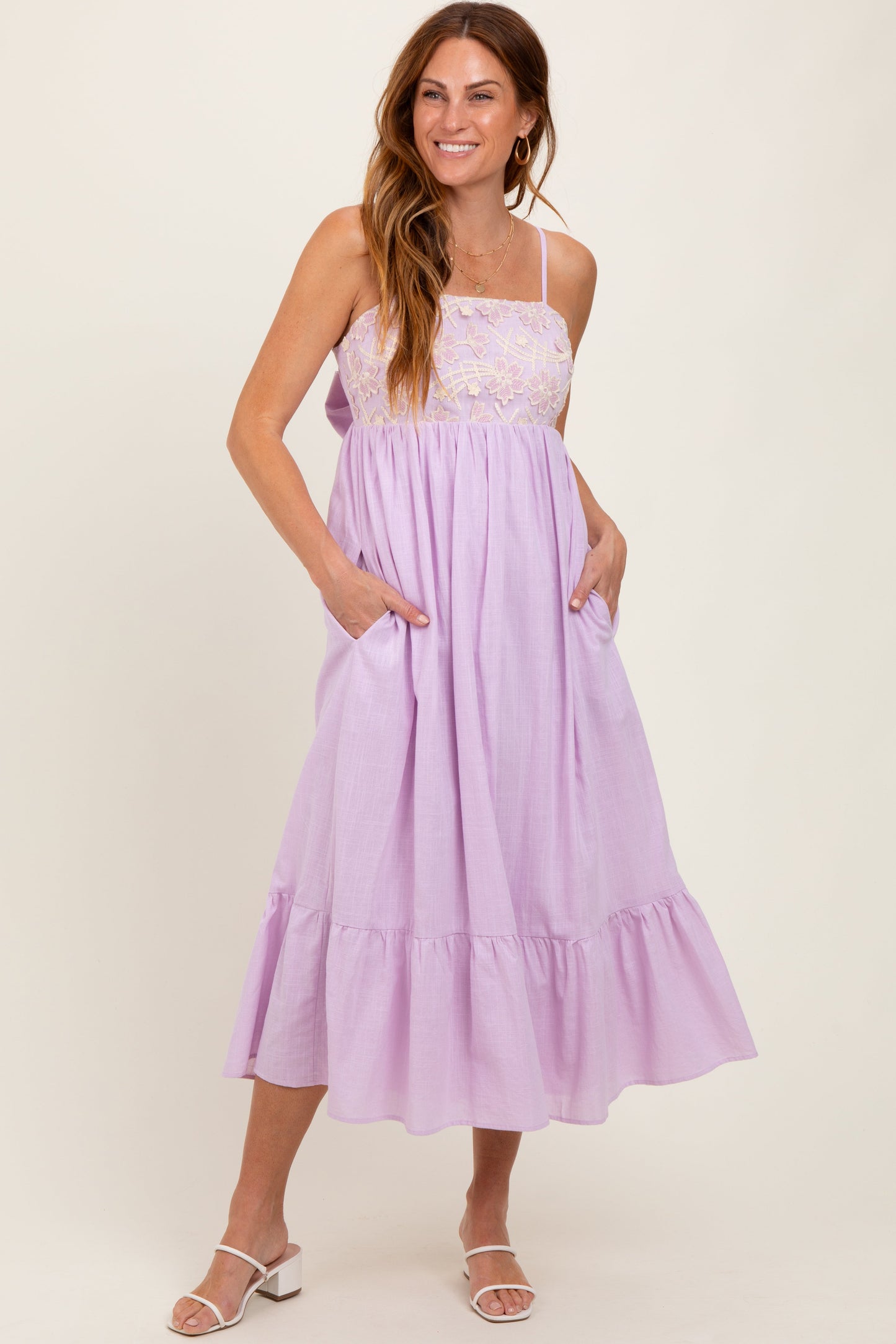 Lavender Floral Embroidery Back Ribbon Maternity Midi Dress