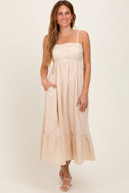 Beige Floral Embroidery Back Ribbon Maternity Midi Dress