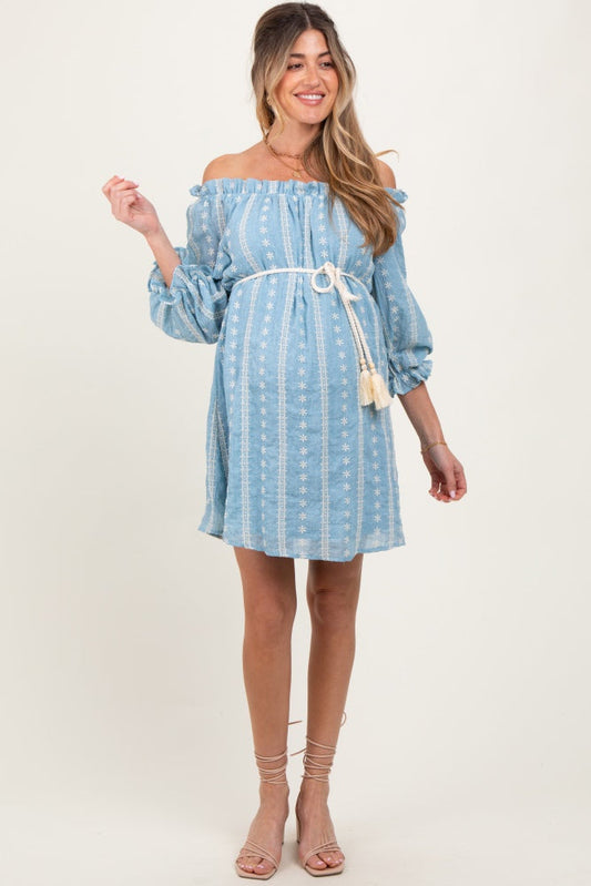 Light Blue Embroidered Off Shoulder Maternity Dress
