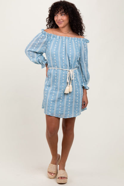 Light Blue Embroidered Off Shoulder Maternity Dress
