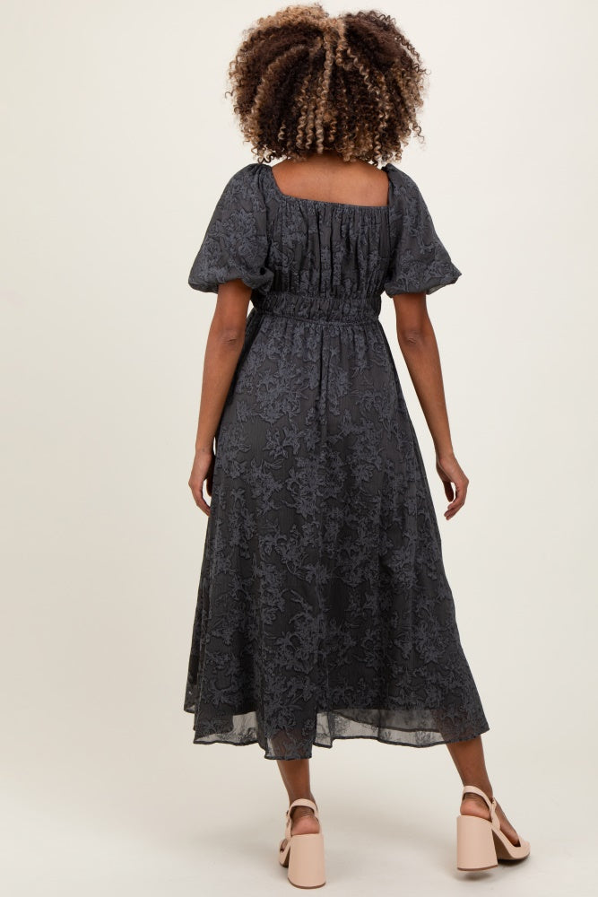 Charcoal Floral Square Neck Bubble Sleeve Maternity Mid Dress
