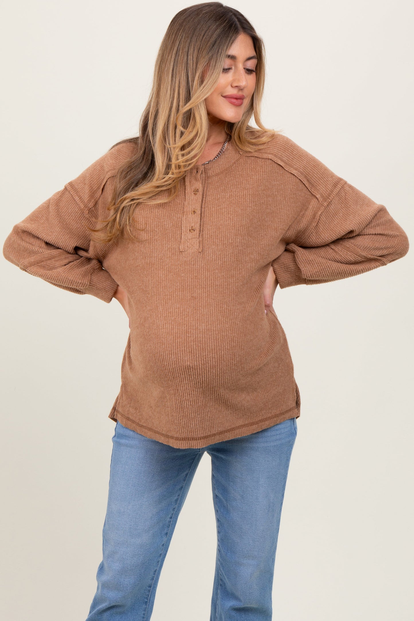 Camel Oversized Ribbed Knit Henley Maternity Sweater