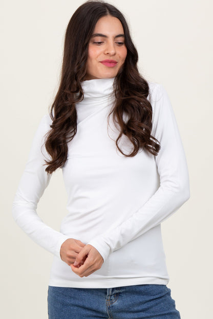 White Brushed Knit Basic Turtleneck Maternity Top