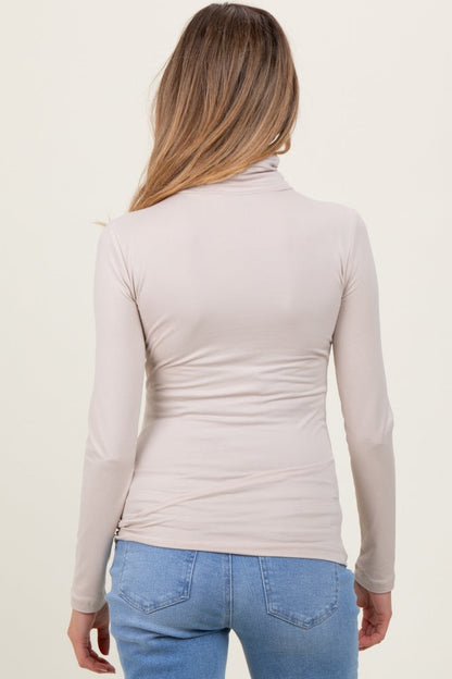 Cream Brushed Knit Basic Turtleneck Maternity Top