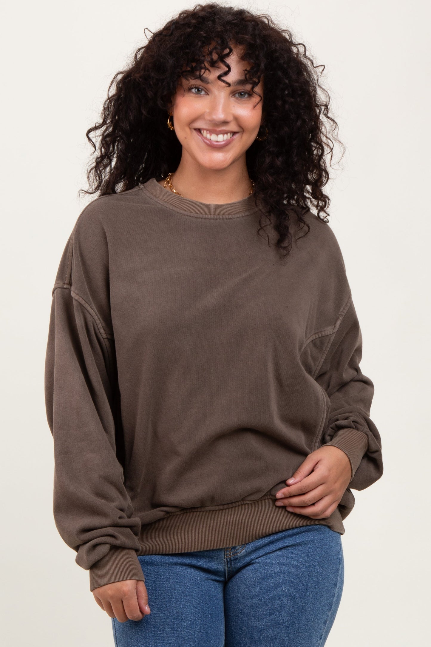 Brown Fleece Drop Shoulder Maternity Sweatshirt