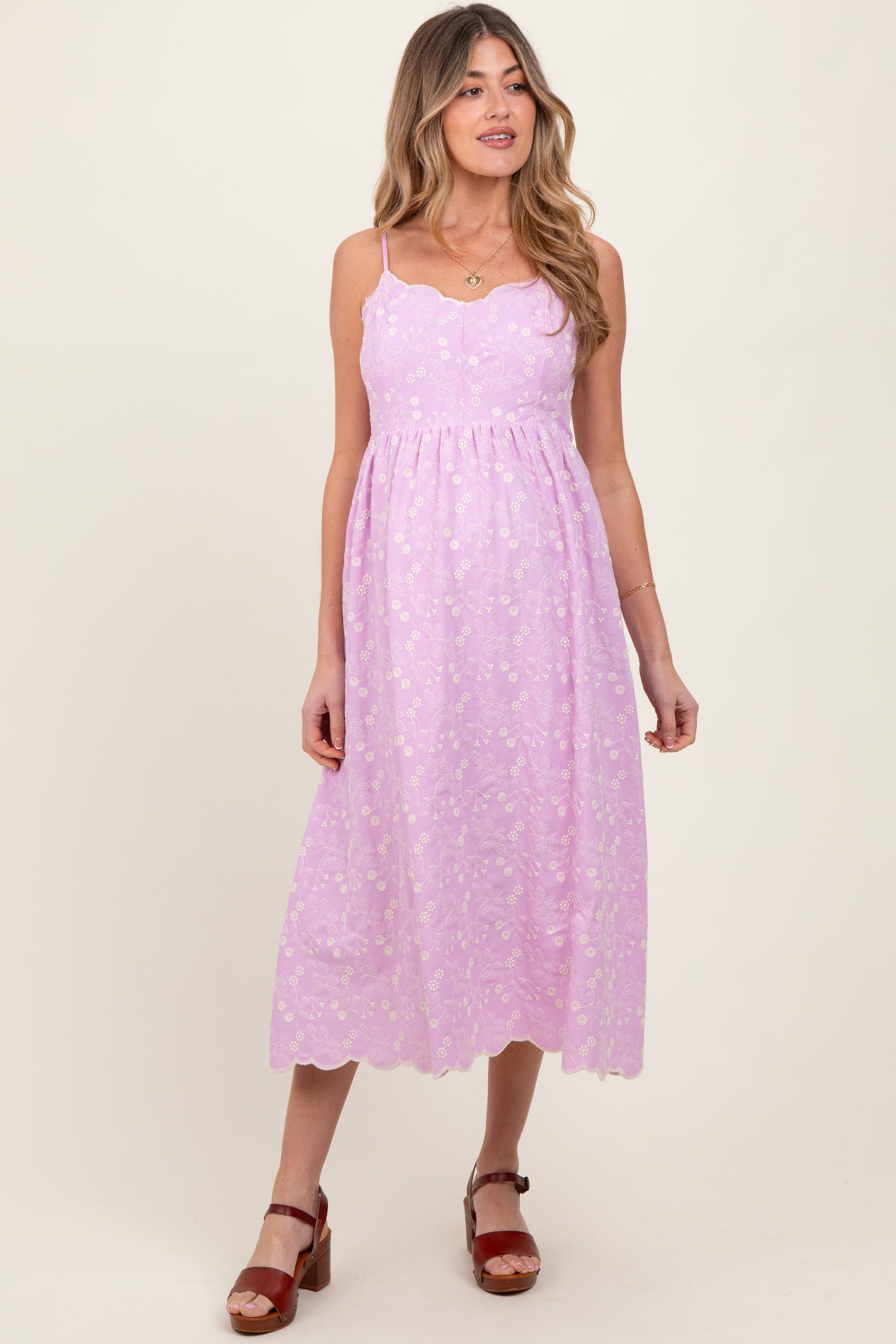 Lavender Floral Embroidered Scallop Detail Maternity Midi Dress