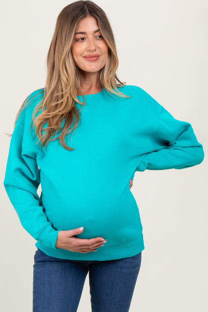 Turquoise Basic Fleece Crewneck Maternity Sweatshirt