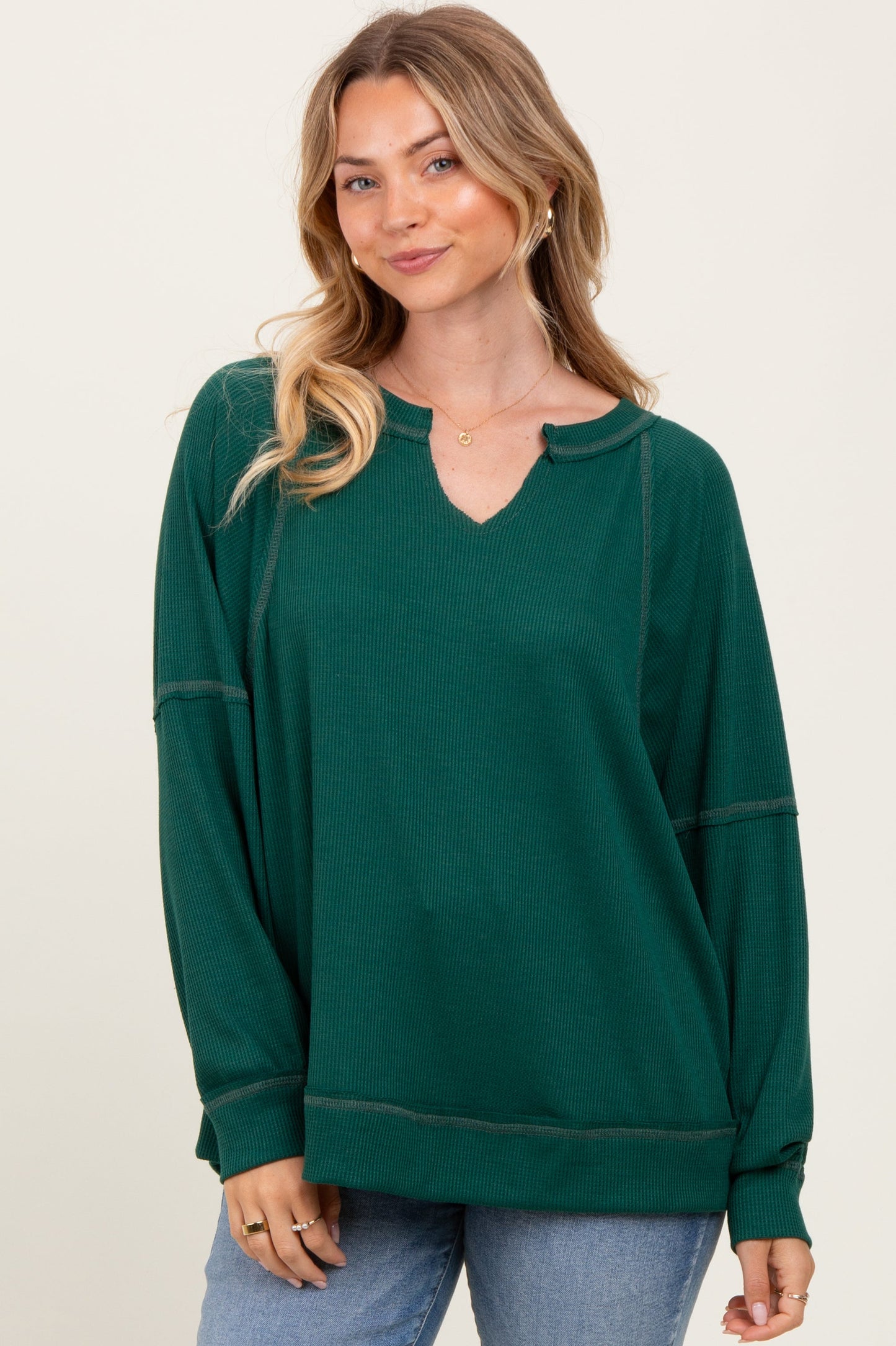 Forest Green Oversized V-Neck Waffle Knit Maternity Long Sleeve Top