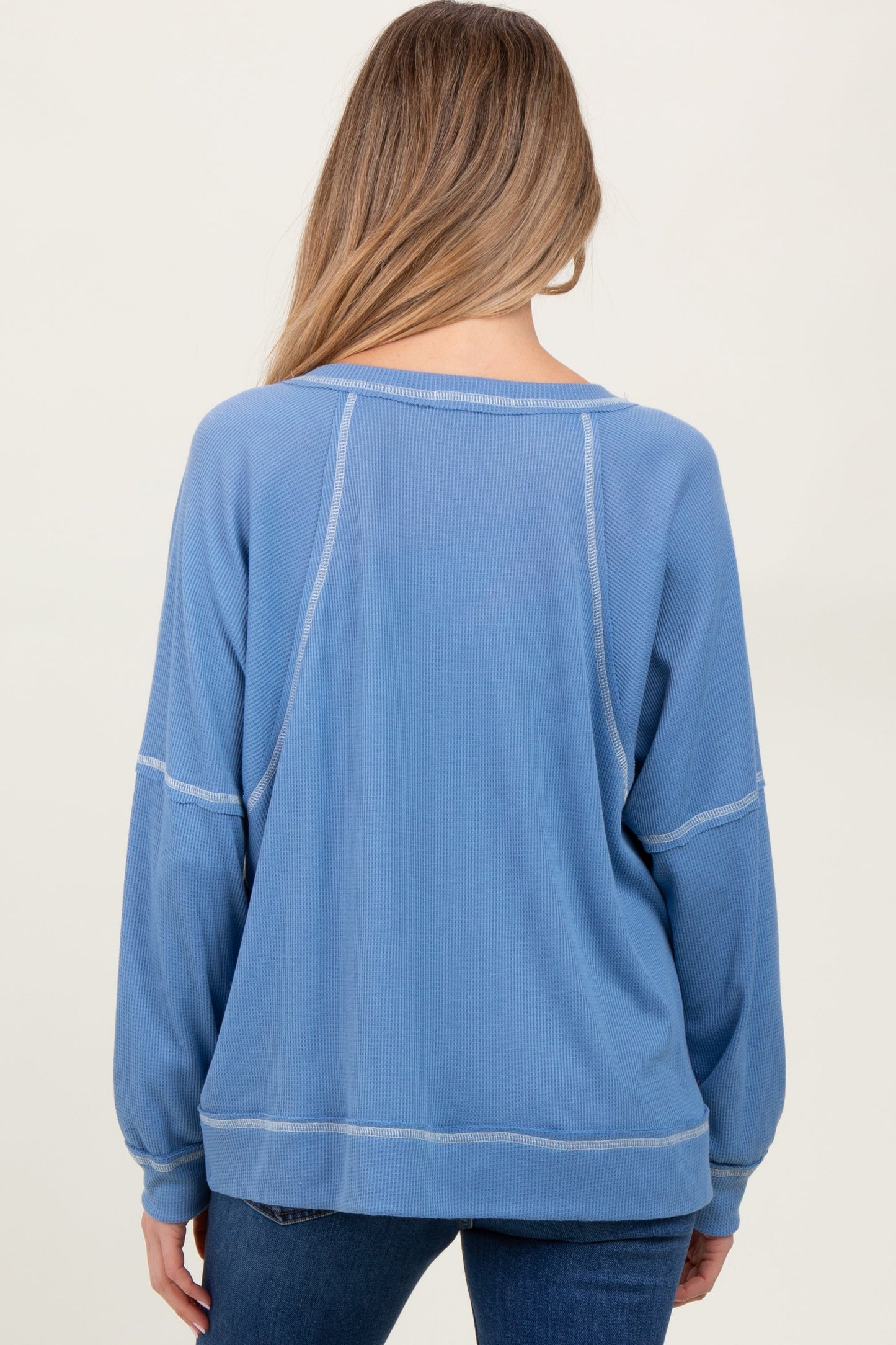 Light Blue Oversized V-Neck Waffle Knit Maternity Long Sleeve Top