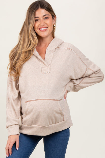 Beige Oversized Raw Hem Maternity Hoodie