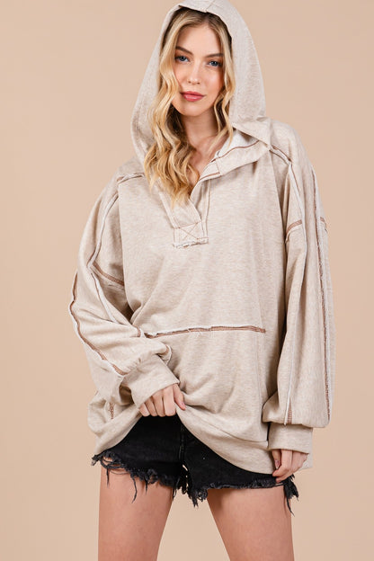 Beige Oversized Raw Hem Maternity Hoodie