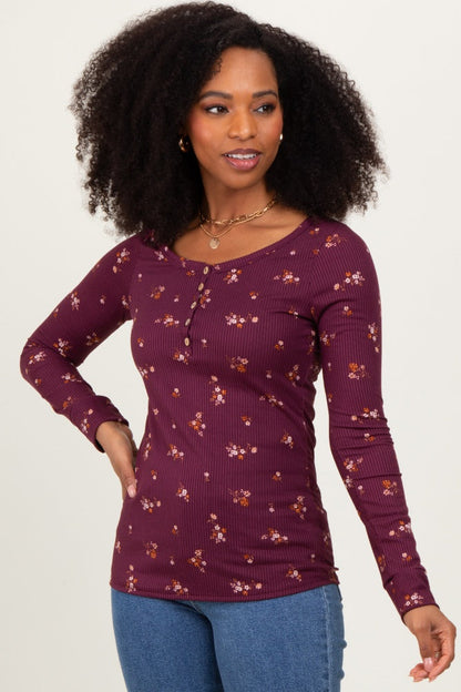 Plum Floral Henley Long Sleeve Maternity Top