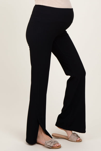 Black Ribbed Split Flare Maternity Leggings