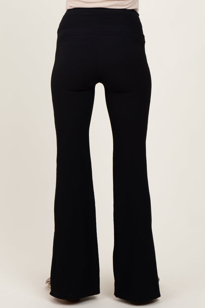 Black Ribbed Split Flare Maternity Leggings