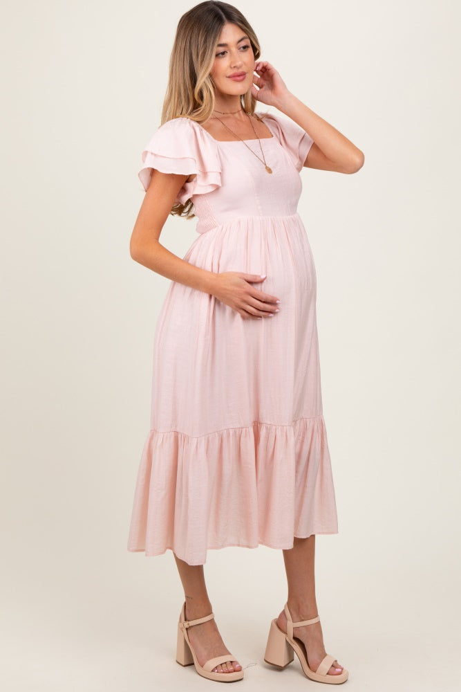 Light Pink Flutter Sleeve Maternity Midi Dress
