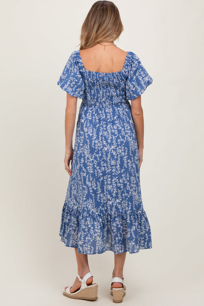 Blue Leaf Print Smocked Maternity Midi Dress