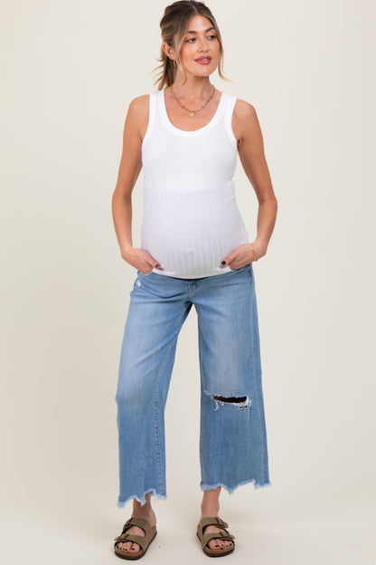 Light Blue Distressed Hem Open Knee Cropped Wide Leg Maternity Jeans