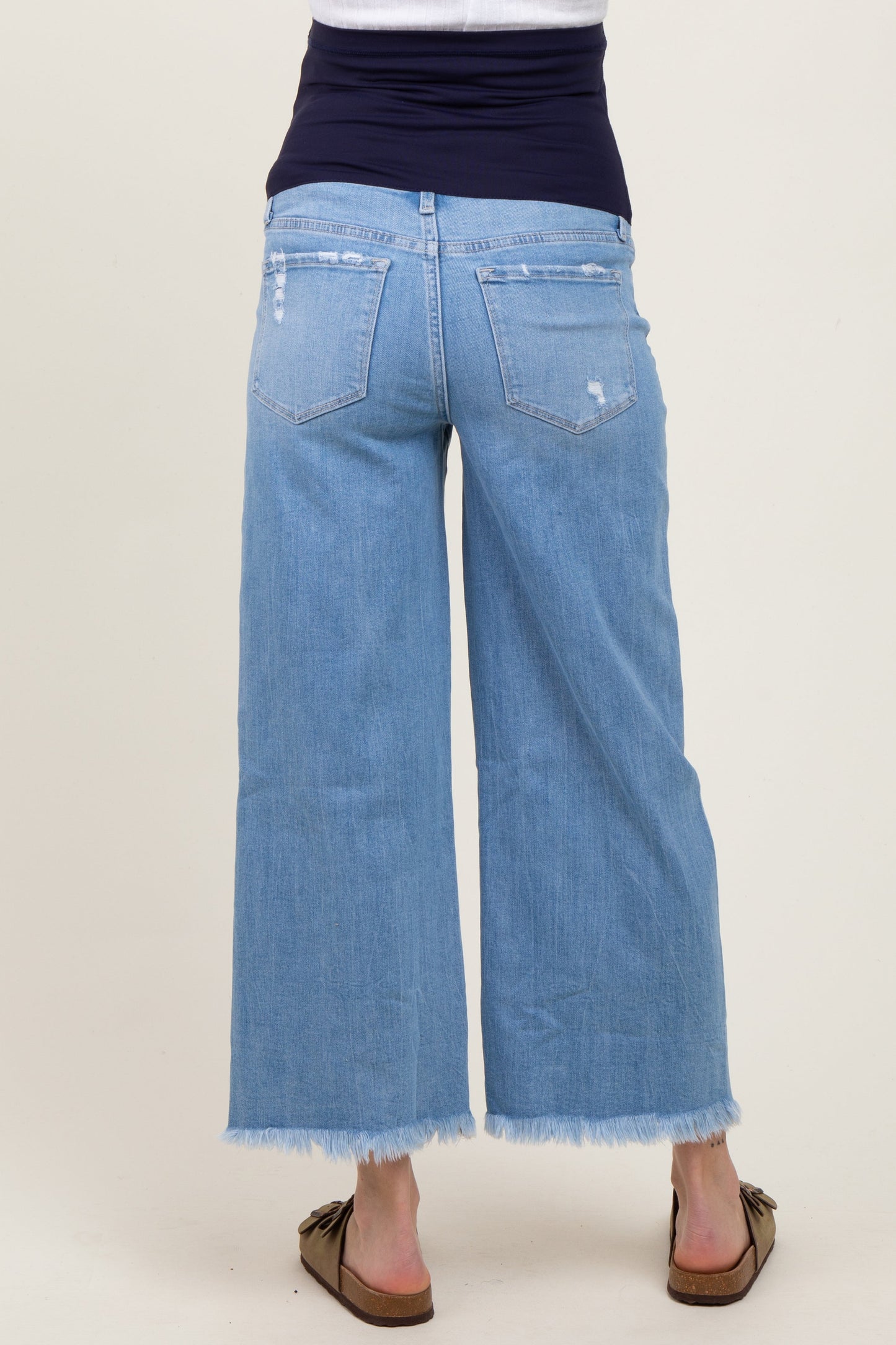 Light Blue Distressed Hem Open Knee Cropped Wide Leg Maternity Jeans