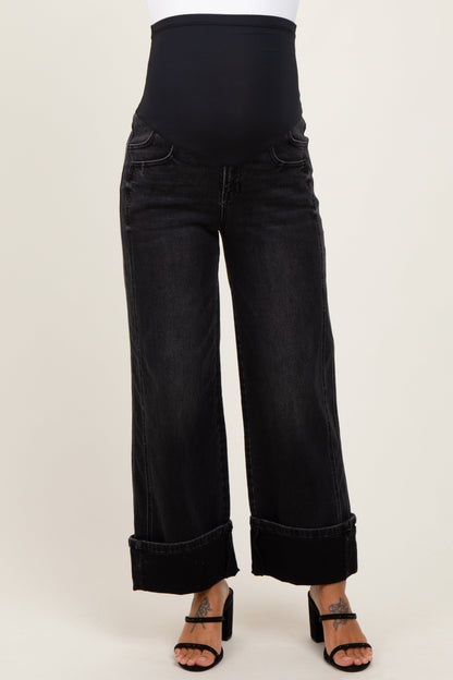 Black Cuffed Relaxed Wide Leg Maternity Jeans