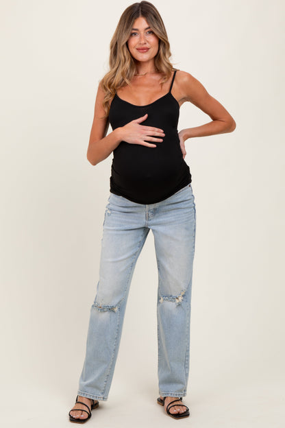 Light Blue Maternity Baggy Ripped Knee Straight Leg Maternity Jeans