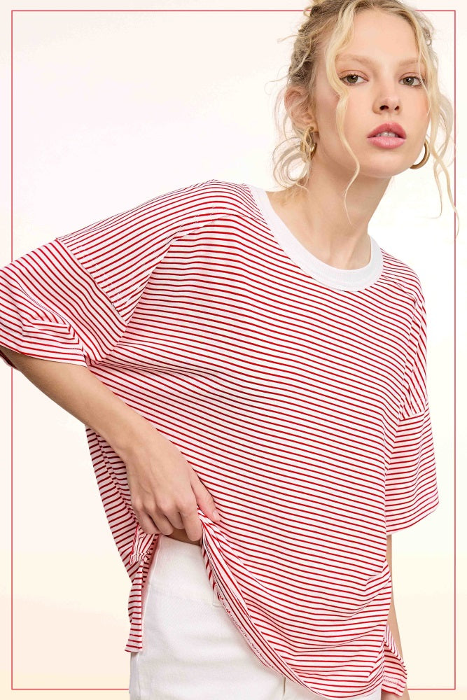 Red Striped Drop Shoulder Short Sleeve Maternity Top