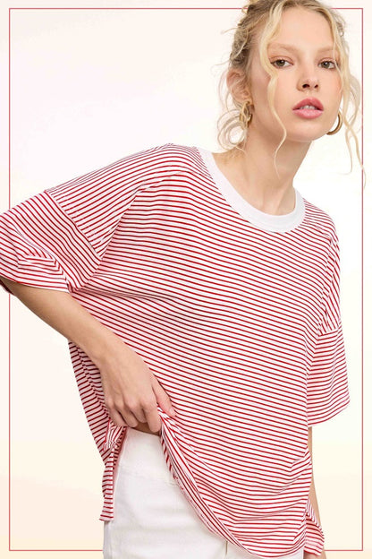Red Striped Drop Shoulder Short Sleeve Maternity Top