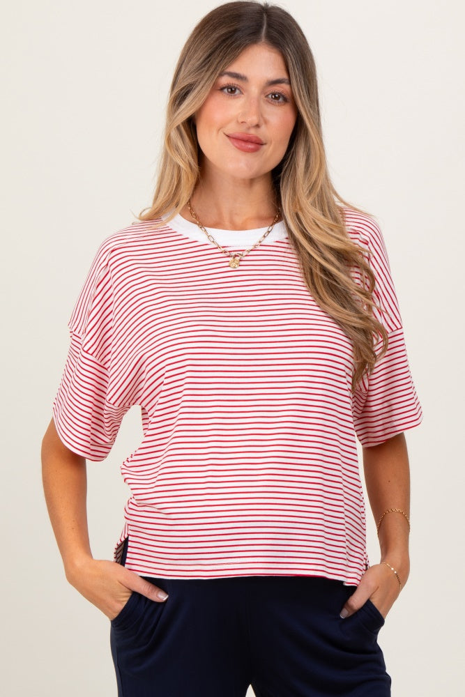 Red Striped Drop Shoulder Short Sleeve Maternity Top