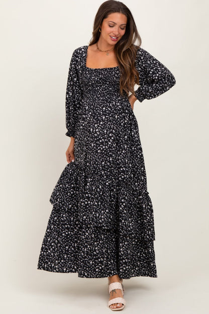 Black Floral Asymmetrical Ruffle Hem Maternity Maxi Dress